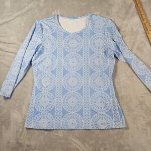 J.McLaughlin Coastal Resort Preppy Catalina Top L Blue White Mandala 3/4 Sleeve